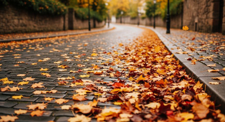 Autumn leaves on the pavement in the city park. Autumn backgroundの写真素材