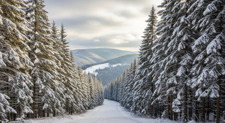 Winter landscape with snowy fir trees and road in Carpathian mountains