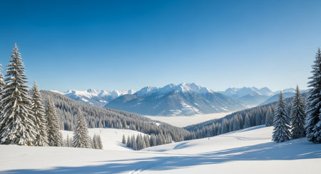 Winter mountains panorama with snow covered fir trees and blue sky.