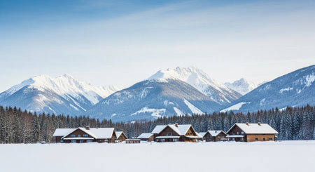 Houses in a winter landscape with snow-capped mountains in the background