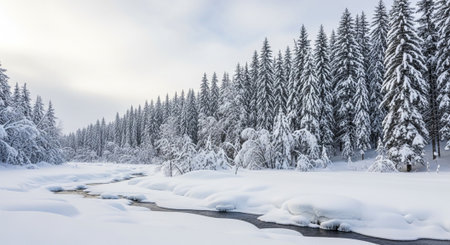 Snowy winter landscape with a river and coniferous forest.