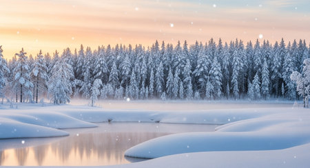 Frozen lake in winter forest with snow covered trees at sunset.