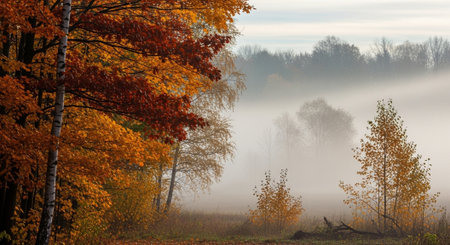 Autumn landscape with fog in the forest on a misty morningの写真素材