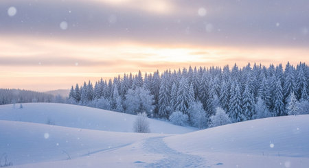 Winter landscape with snowy fir trees and road at sunset. Panoramaの写真素材