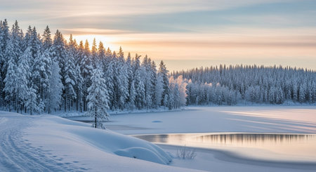Beautiful winter landscape with frozen lake and coniferous forest.