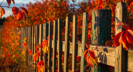 Wooden fence with red and yellow autumn leaves in the countryside.の写真素材