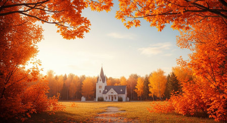 Church in the autumn forest. Beautiful landscape with church in autumn forest.の写真素材