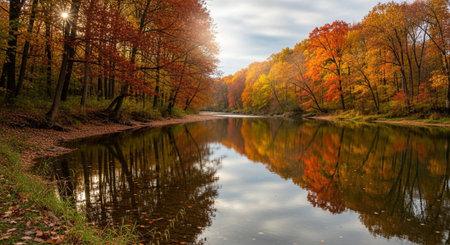 Autumn landscape with river and colorful forest. Panoramic viewの写真素材