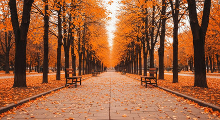 Autumn alley in the park with benches and fallen yellow leaves.