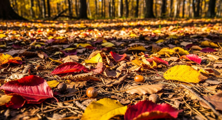 Autumn leaves and chestnuts on the ground in the forest.