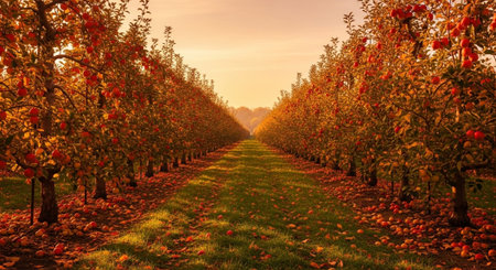 Autumn apple orchard in the Netherlands at sunset. Rows of ripe apples on a tree.