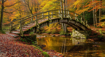 Wooden bridge over a stream in the autumn forest. Colorful leaves