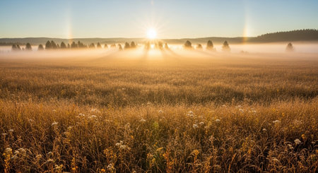 Foggy morning in the autumn meadow. Panoramic view