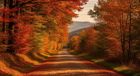 Autumnal road in the forest. Colorful trees in fall season.