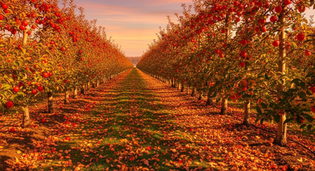 Apple orchard at sunset in autumn, Rows of ripe red apples ready for harvest
