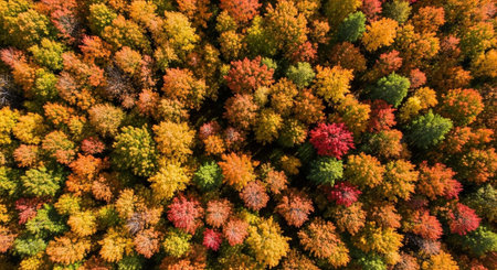 Aerial view of autumn forest. Top view of colorful trees in autumn forest.