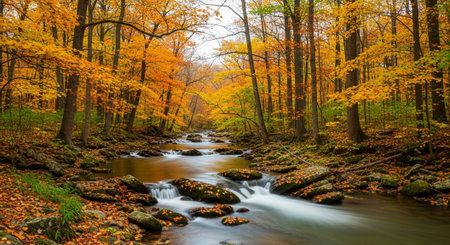 Autumn forest landscape with a river flowing through the woods. Beautiful nature background