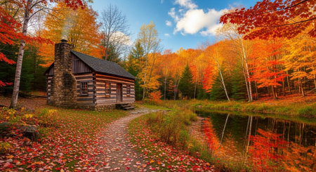 Wooden house in the autumn forest. Beautiful landscape with colorful trees and lake.