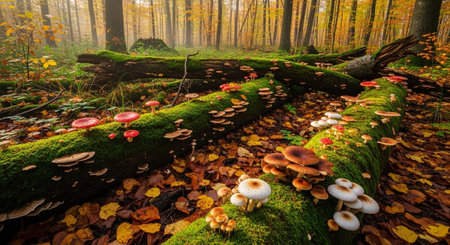 Mushrooms growing on fallen trees in autumn forest, panoramic viewの写真素材