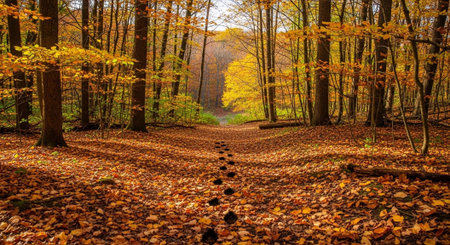 Path in the autumn forest with fallen leaves and sunbeams.