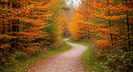 Path in the autumn forest. Beautiful autumn landscape with colorful trees.