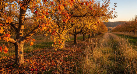 Autumn landscape with apple trees in the orchard at sunset.
