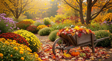 Autumn garden with pumpkins, flowers and cart with fallen leavesの写真素材
