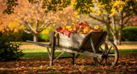 Wooden cart full of autumn leaves and pumpkins in a park