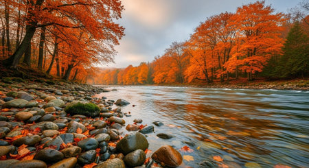 Autumn landscape with colorful forest and river. Colorful trees in autumn.