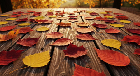 Autumn leaves on wooden table in forest. Fall season concept.