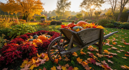 Autumn landscape with colorful pumpkins and wooden wheelbarrow in the garden