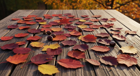 Autumn leaves on wooden table. Fall background. Selective focus.