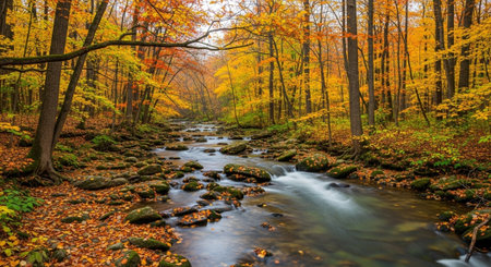Autumn landscape with a stream in the forest. Beautiful autumn landscape.