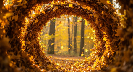 Autumnal tunnel in the forest. Beautiful autumnal alley.