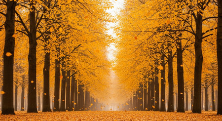 Autumnal alley in the park with yellow trees and leaves.