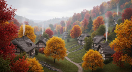 Autumn landscape with colorful trees and village in foggy weather.の写真素材