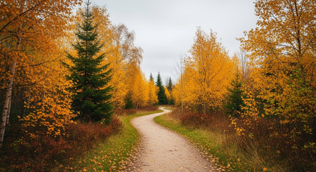 Path in autumn forest. Panoramic view of autumn forest with yellow leavesの写真素材