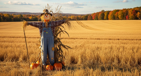 Halloween scarecrow in the middle of a wheat field with pumpkins