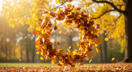 Beautiful autumnal background with golden leaves and bokeh effect
