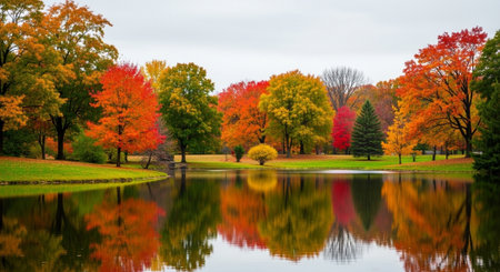 Beautiful autumn landscape in the park with lake and colorful trees.