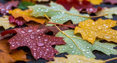 Colorful autumn leaves with water drops on black background, close up