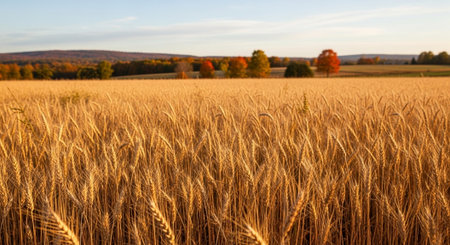 Wheat field in autumn colors. Beautiful rural landscape with golden ears of wheat.
