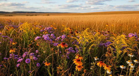 Field of wildflowers and cornflowers at sunset in summer