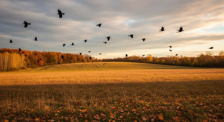 A flock of crows flies over a field in the fall.