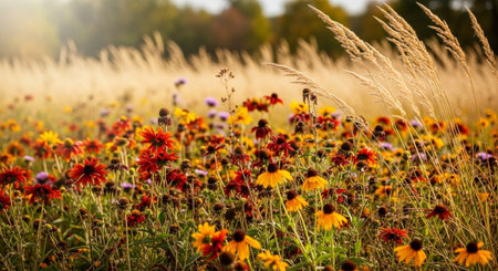Colorful flowers in the meadow at sunset. Nature background.
