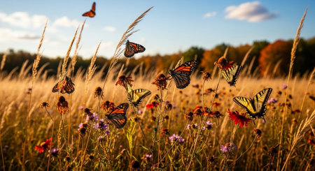 Butterflies on a flower meadow at sunset in autumn season