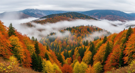Autumn landscape with colorful forest and fog in Carpathian mountains