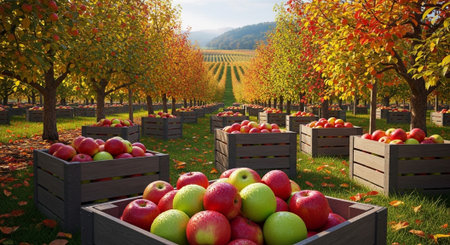 Red and green apples in wooden crates in orchard on autumn day