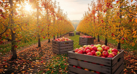 Apple orchard in autumn. Ripe apples in wooden boxes in an orchard.