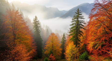 Autumn forest in the mountains at sunrise. Beautiful nature landscape.